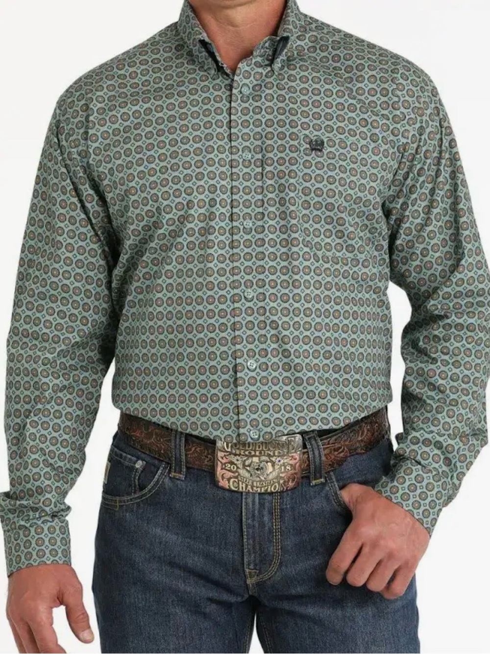 Cinch Men's Western Green Geo Print Button-Down Shirt 0164